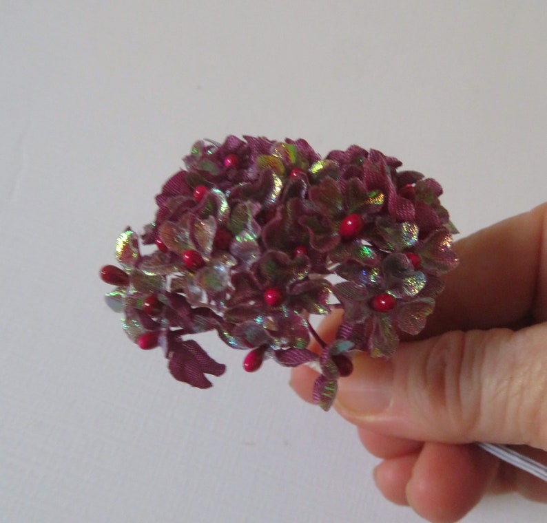 Tiny Burgundy Iridescent Fabric Flowers with Red Bead Centers With Wire Stems for Card Creating/ Scrapbooking / DIY Wedding / Craft Supplies image 3