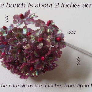 Tiny Burgundy Iridescent Fabric Flowers with Red Bead Centers With Wire Stems for Card Creating/ Scrapbooking / DIY Wedding / Craft Supplies image 6