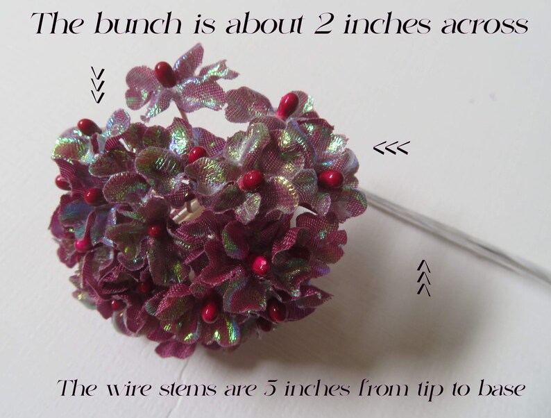 Tiny Burgundy Iridescent Fabric Flowers with Red Bead Centers With Wire Stems for Card Creating/ Scrapbooking / DIY Wedding / Craft Supplies image 6