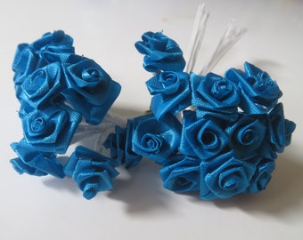 Tiny Blue Green Fabric Roses With Wire Stems for Card Creating / Scrapbooking / DIY Wedding / Headbands / Doll Dresses