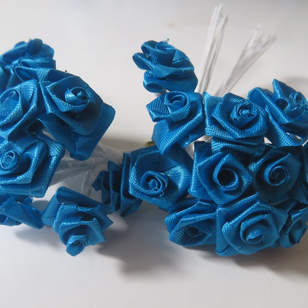 Tiny Blue Green Fabric Roses With Wire Stems for Card Creating / Scrapbooking / DIY Wedding / Headbands / Doll Dresses