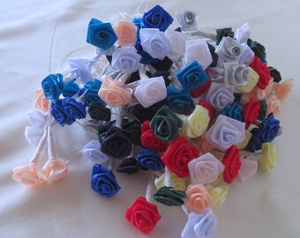 Tiny Fabric Roses In Different Colors With Wire Stems for Card Creating Scrapbooking  DIY Wedding  Grab Bag!