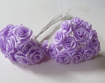 Tiny Lavender Fabric Roses With Wire Stems for Card Creating / Scrapbooking / DIY Wedding / Headbands / Doll Dresses