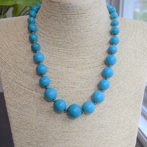 Turquoise Statement Necklace - Graduated Necklace with Synthetic Stone and Antique Silver Plated Accents