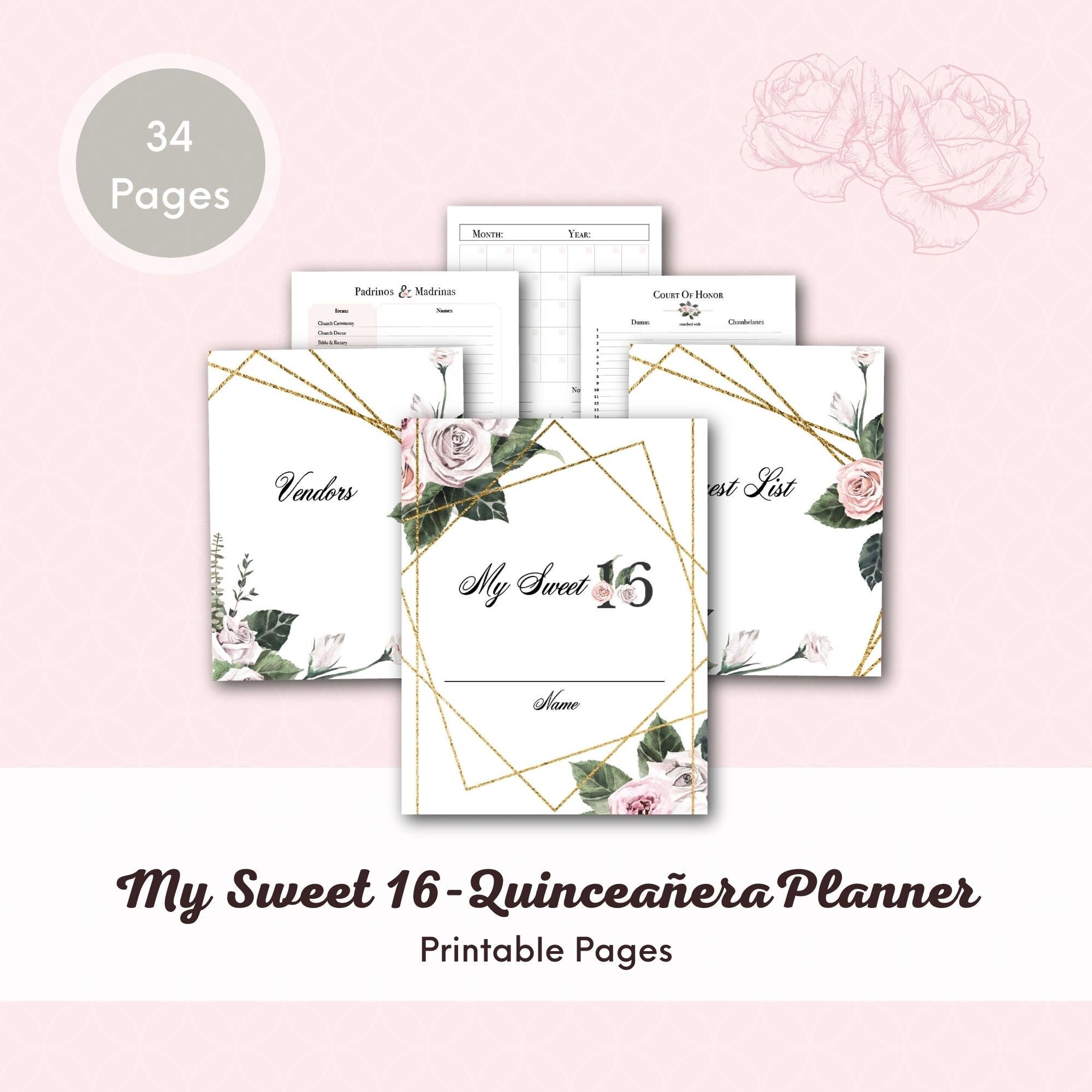 sweet 16 quinceanera planner dusty rose theme us letter etsy israel