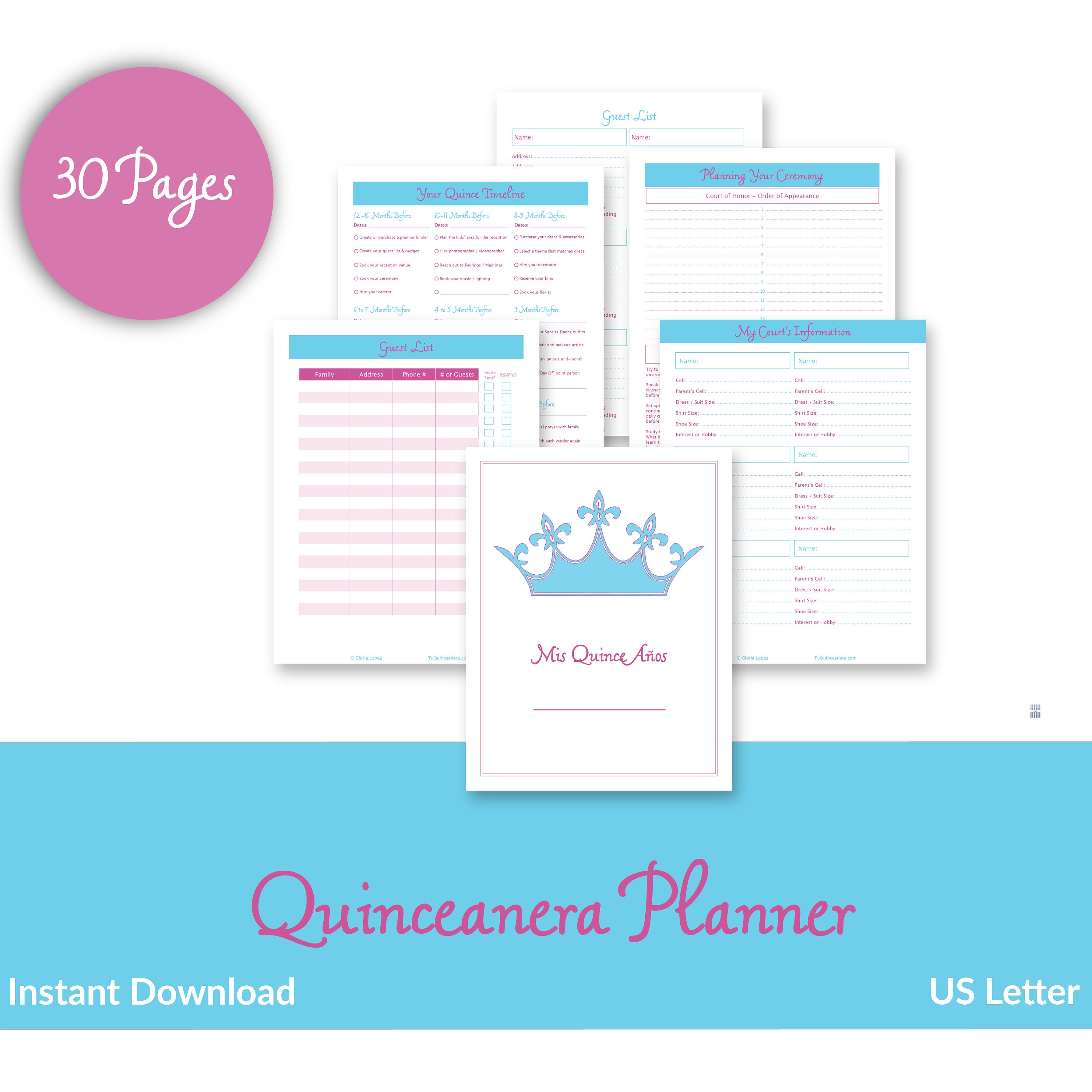 quinceanera planner baby blue magenta us letter printable etsy australia