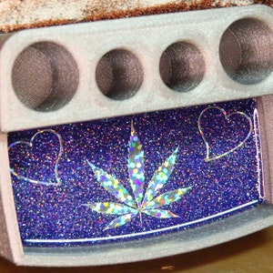 Battery and 510 Thread Cartridge Holder - 420 - Silver Rainbow Holographic Weed Leaf and Hearts