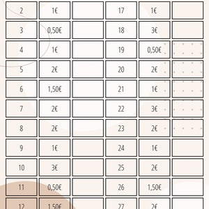 May include: A black and white grid with the text "50&euro; in 1 Monat" at the top. The grid is divided into 30 rows and 3 columns. Each row represents a day of the month, and each column represents a category: Tag (Day), Betrag (Amount), and Punkten (Points). The grid is filled with numbers and currency symbols, representing a monthly budget tracker.