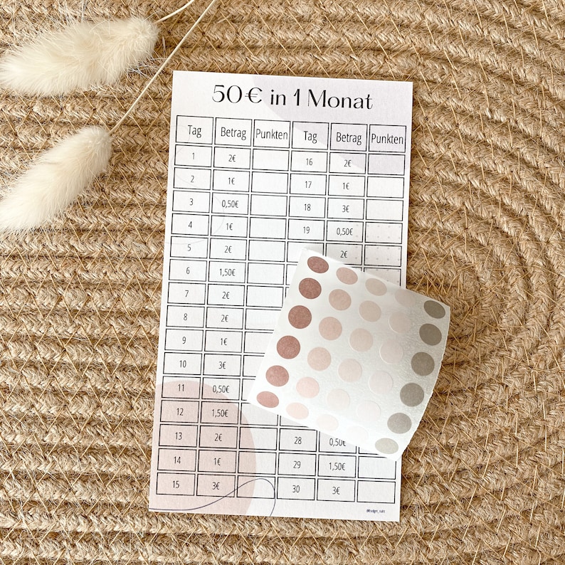 May include: A printable chart for tracking a 50 euro budget over a month. The chart is divided into 30 days, with columns for the day, amount, and points. The chart is printed on white paper with a light brown background.