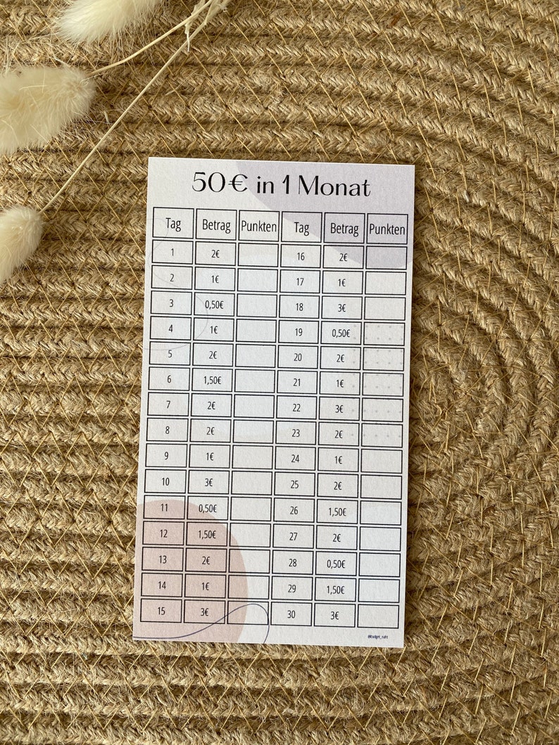 May include: A white and grey chart with the title "50&euro; in 1 Monat". The chart is divided into two columns, one for "Tag" and one for "Betrag". The chart shows the amount of money to be saved each day for a month.