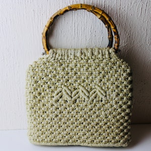 Hand Crocheted Taupe Wool Top Handled Bag/Cotton Interior/Faux Bamboo Handles/Boho Bag/Boho Accessories