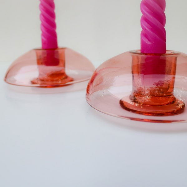 Vintage Rose Colored Domed Glass Candle Holders/Set of Two