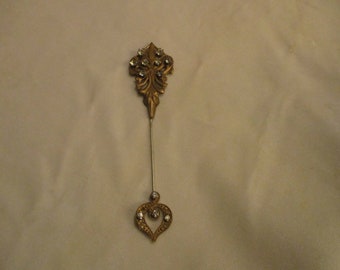 Lovely Original Victorian/Edwardian brass 2 Piece lapel pin, hatpin w/ rhinestones