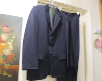 1950s Men's Dark Blue Gabardine 2 Piece Suit w/ High rise pleated Trousers -Cuffed. Chest 38" Trousers 31" Waist Length 45/44"