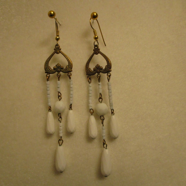 Victorian/Edwardian inspired Vintage Chandelier White Milk Glass Beaded Drop Earrings