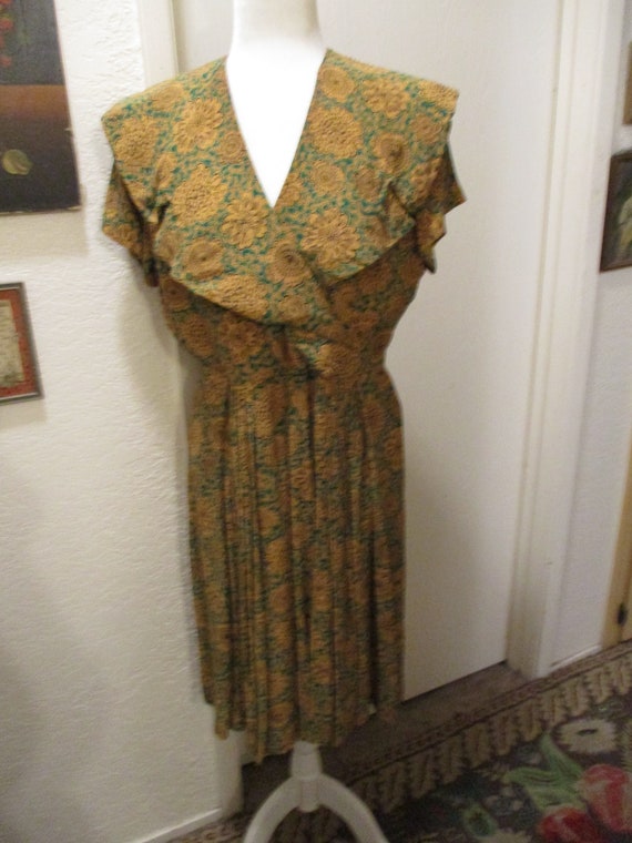 1940's Rayon  Dress with Gold Floral Green and Bl… - image 2