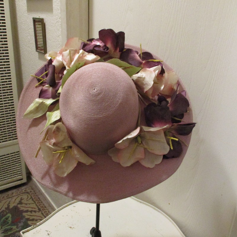 Large Pink & Violet Floral Print Straw Western Hat with Chin Cord
