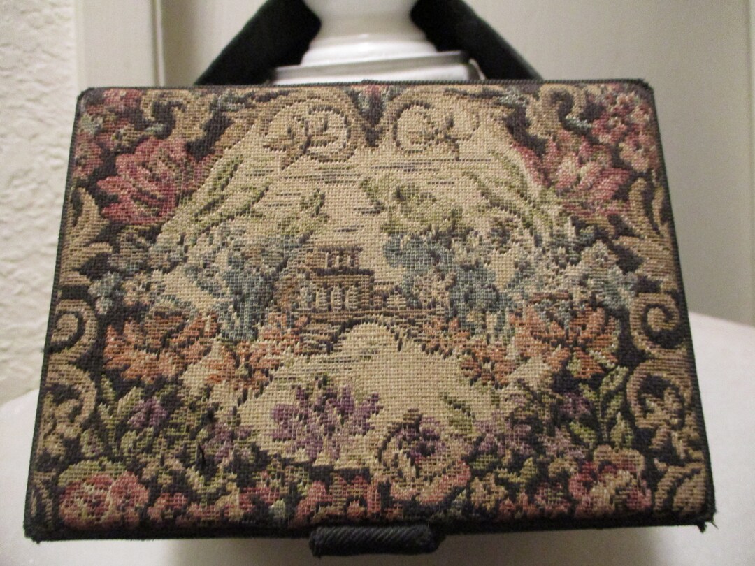 1930's Black Needlepoint Tapestry Box Purse Etsy