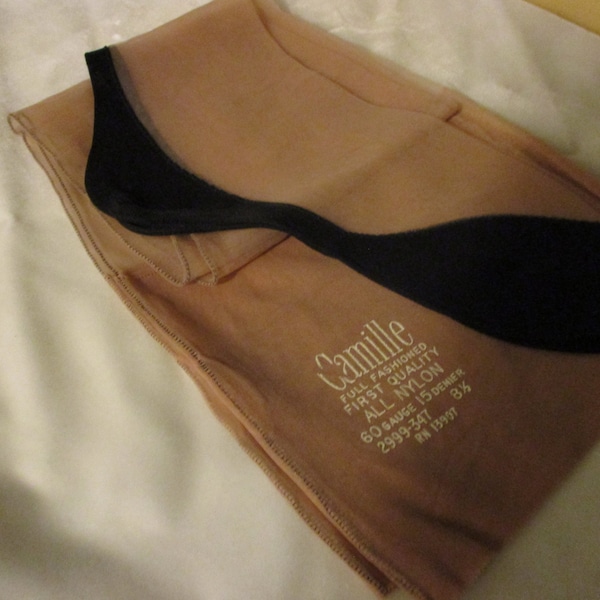 1940's Camille Beige Seamed Nylon Stockings w/ Black Cuban Heel 1 Pr. Size 8-1/2 Never been worn!