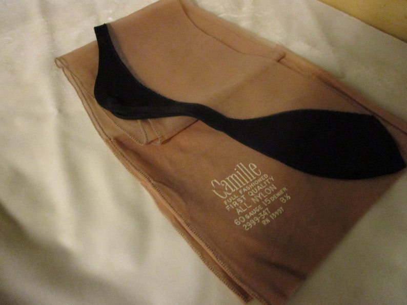 1940's Camille Beige Seamed Nylon Stockings w/ Black Cuban Heel 1 Pr. Size 8-1/2 Never been worn image 1