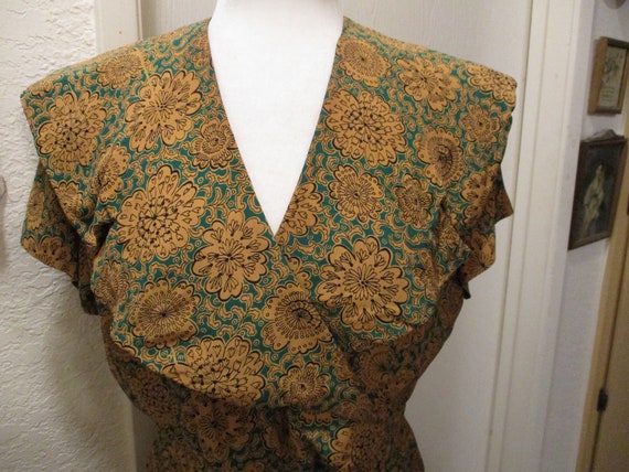 1940's Rayon  Dress with Gold Floral Green and Bl… - image 3