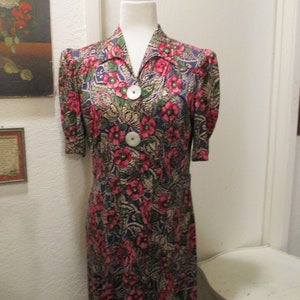 Original 1930s Floral Jersey Day Dress- Medium