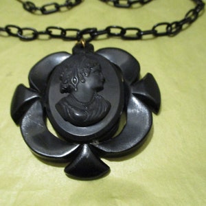 Early 20th Century Old Plastic Black Mourning Necklace w/ Cameo on Black Celluloid Chain