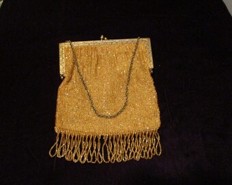 Original circa 1920s Chatelaine Handbag-Gold Seed Beads w/ Fringe.