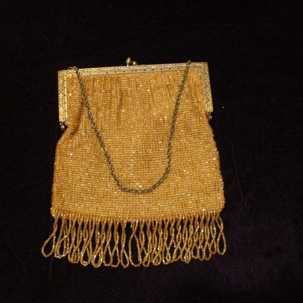 Original circa 1920s Chatelaine Handbag-Gold Seed Beads w/ Fringe.