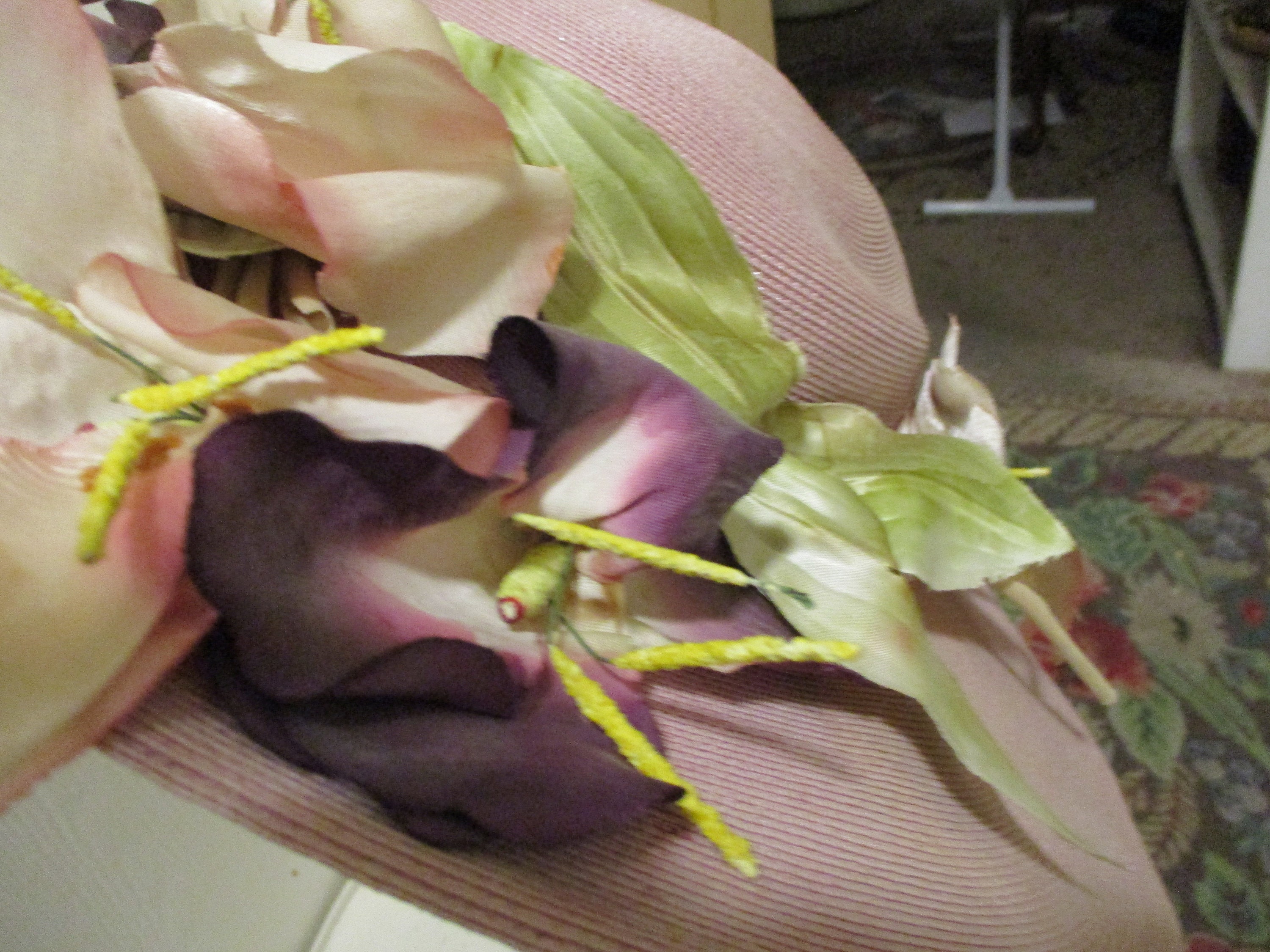 Handcrafted Wide Brim Floral Accent Straw Hat - Lavender Flowers Beautiful 1930s Wide Brim Lavender Silken Straw Hat W/ Pink  main image 4