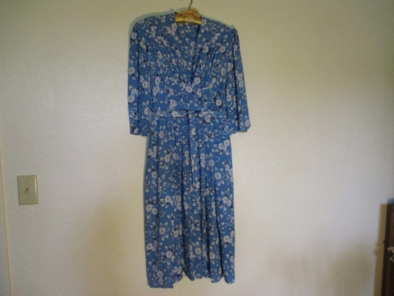 1930's Crepe Blue Dress with White Floral Print