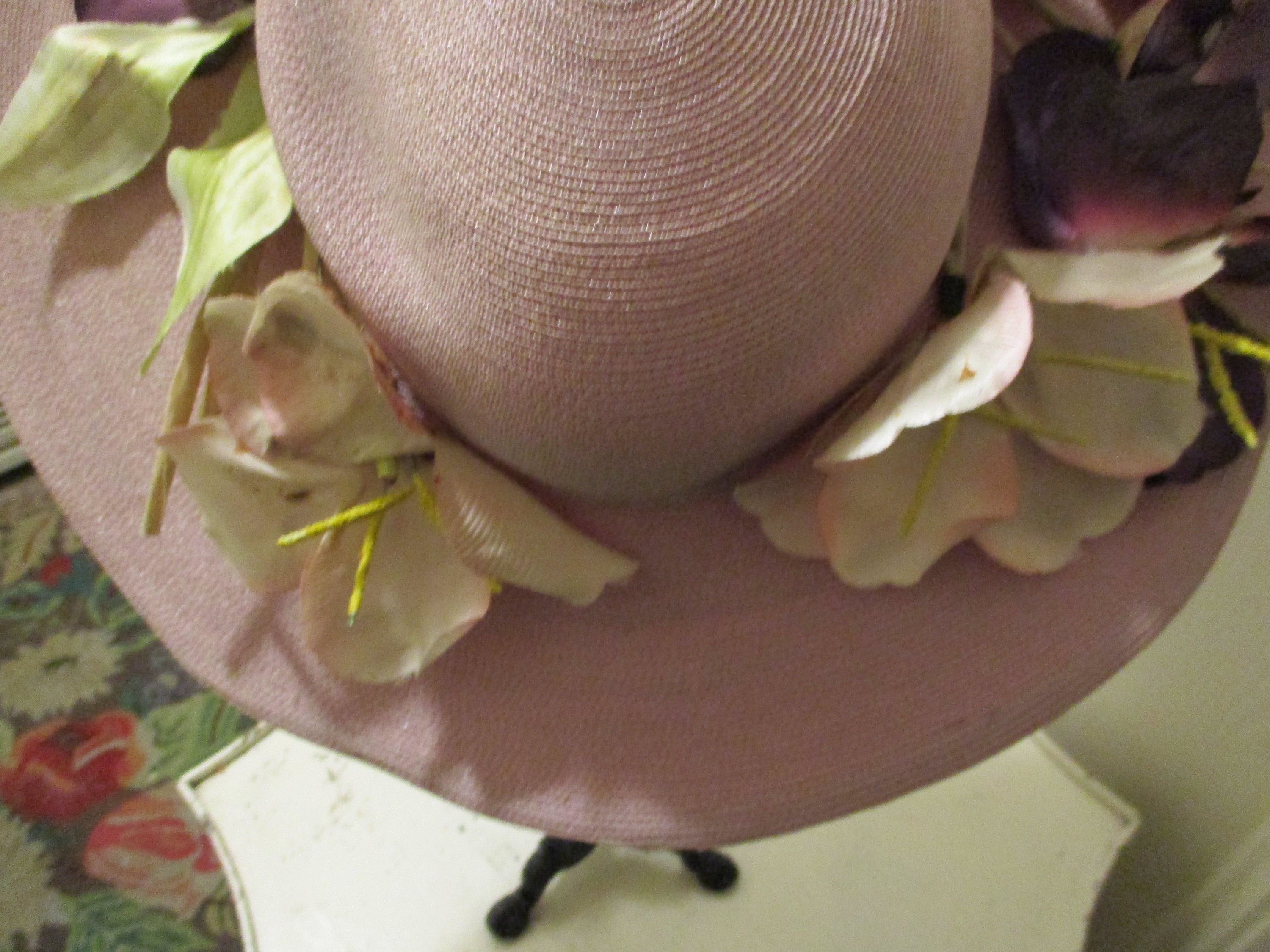 Handcrafted Wide Brim Floral Accent Straw Hat - Lavender Flowers Beautiful 1930s Wide Brim Lavender Silken Straw Hat W/ Pink  main image 2