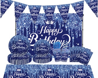 Vaisselle de fête en diamant bleu argent, assiettes jetables, tasses, serviettes, couteau, cuillère, fourchette, couverts, toile de fond, couverture de Table, fournitures d'anniversaire, vaisselle