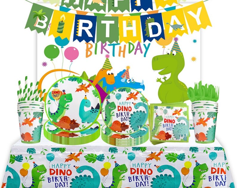 Dinosaur Party Tableware Birthday Supplies Plates Napkins Tablecloth Candy Box Decorations Disposable Dinnerware Boys Kids
