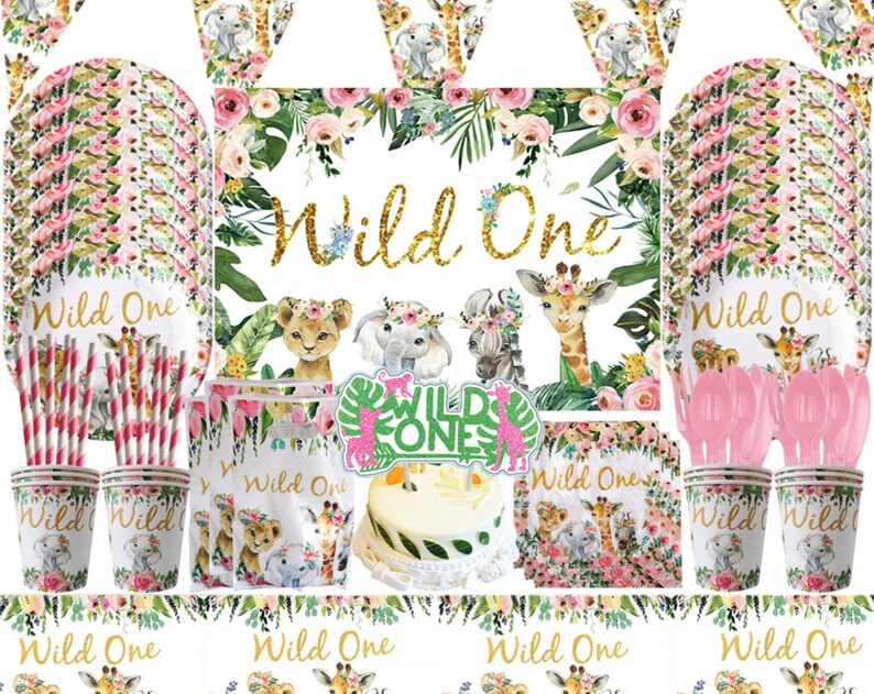 Pink Wild One Party Tableware Disposable Dinnerware Decor Jungle Safari Plates Cups Straws Tablecloth Napkins Cake Topper