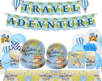 World Map Disposable Tableware Travel Festival Dinnerware Plates Balloons Tablecloth Adventure Retirement Party Decoration Birthday Supplies