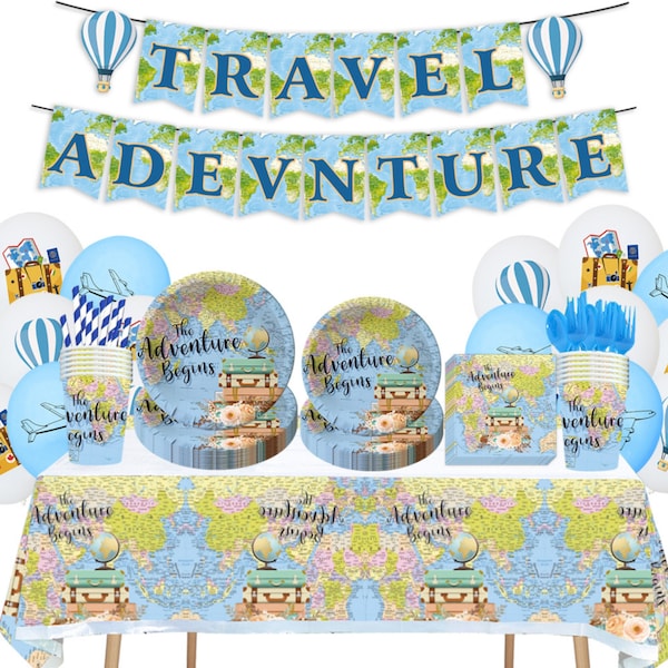 World Map Disposable Tableware Travel Festival Dinnerware Plates Balloons Tablecloth Adventure Retirement Party Decoration Birthday Supplies