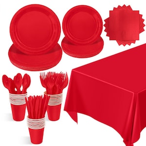 May include: Red party supplies set including plates, napkins, cups, forks, spoons, and a tablecloth.