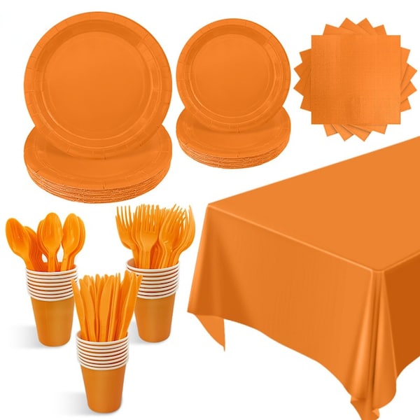 Orange Party Tableware Set Disposable Paper Plates Cups Napkins Knife Spoon Fork Cutlery TableCover Solid Birthday Party Supplies Dinnerware