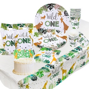 Wild One Party Tableware Disposable Dinnerware Decorations Jungle Safari Plates Cups Straws Tablecloth Napkins Cake Topper Birthday Supplies