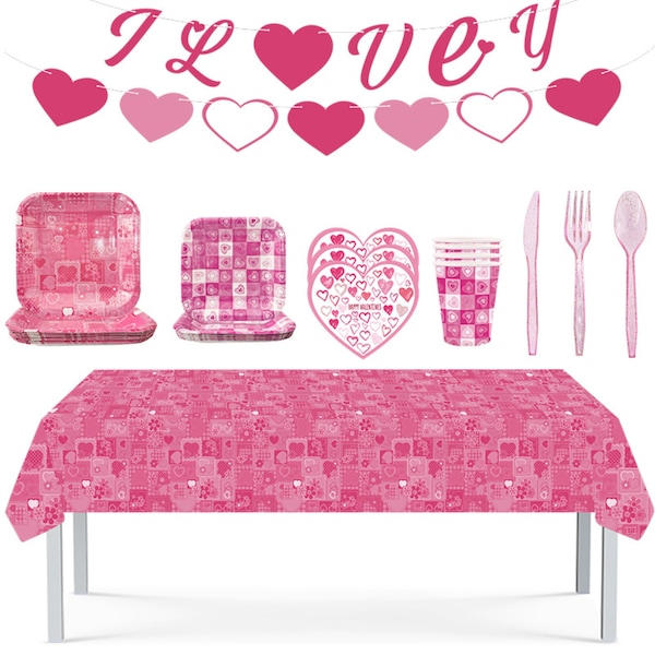 Saint-Valentin Vaisselle de fête Vaisselle jetable Coeur Love Assiettes Serviettes De Table Tasses Adultes Adolescents Enfants Fête De Vacances Pack Décor