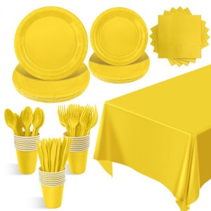 Set di stoviglie per feste gialle Piatti di carta usa e getta Tazze Tovaglioli Coltello Cucchiaio Forchetta Posate Tovaglia Solido Forniture per feste di compleanno Stoviglie
