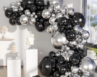 Black Silver Balloons Garland Arch Kit, 145 Pcs Latex Balloons Different Sizes for Party Decorations, Wedding Backdrop, Birthday, Graduation