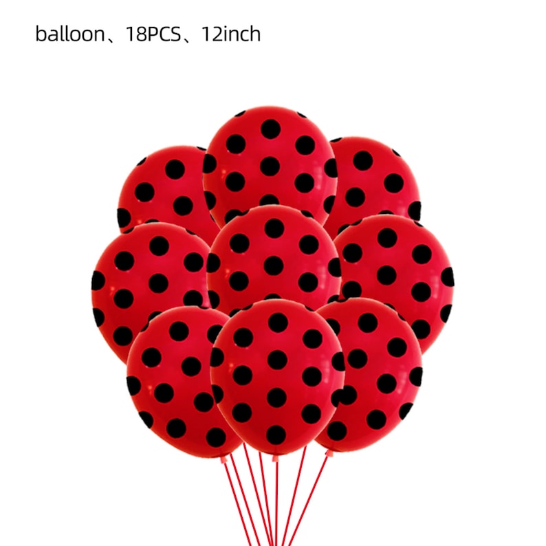 May include: A bunch of 18 red balloons with black polka dots, each balloon is 12 inches in diameter.  balloon, 18PCS, 12inch