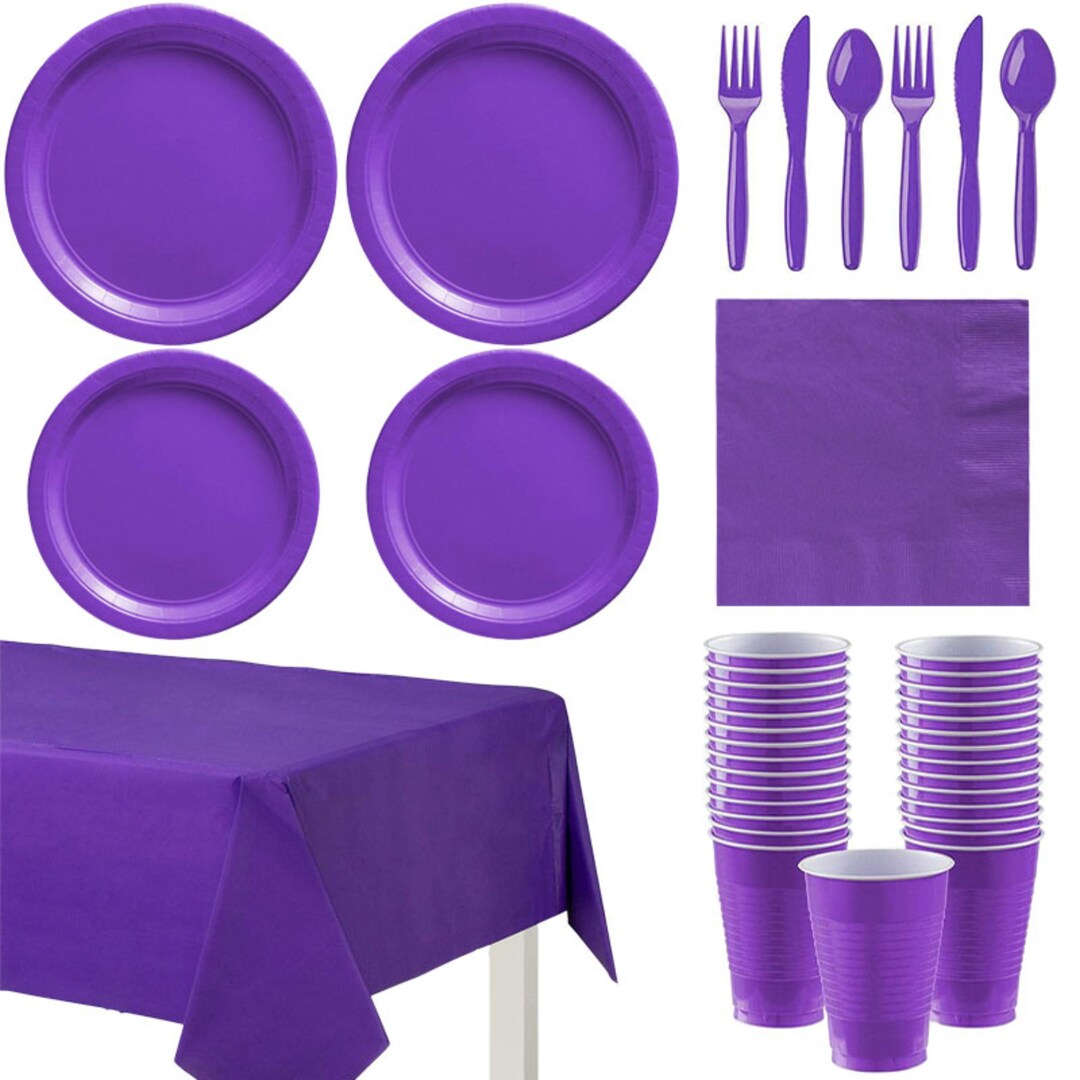 Purple Party Tableware Disposable Plastic Plates Cups Napkins Knife