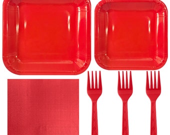Red Square Party Tableware Disposable Paper Plates Cups Napkins Knife Spoon Fork Cutlery Table Cover Solid Birthday Supplies Dinnerware
