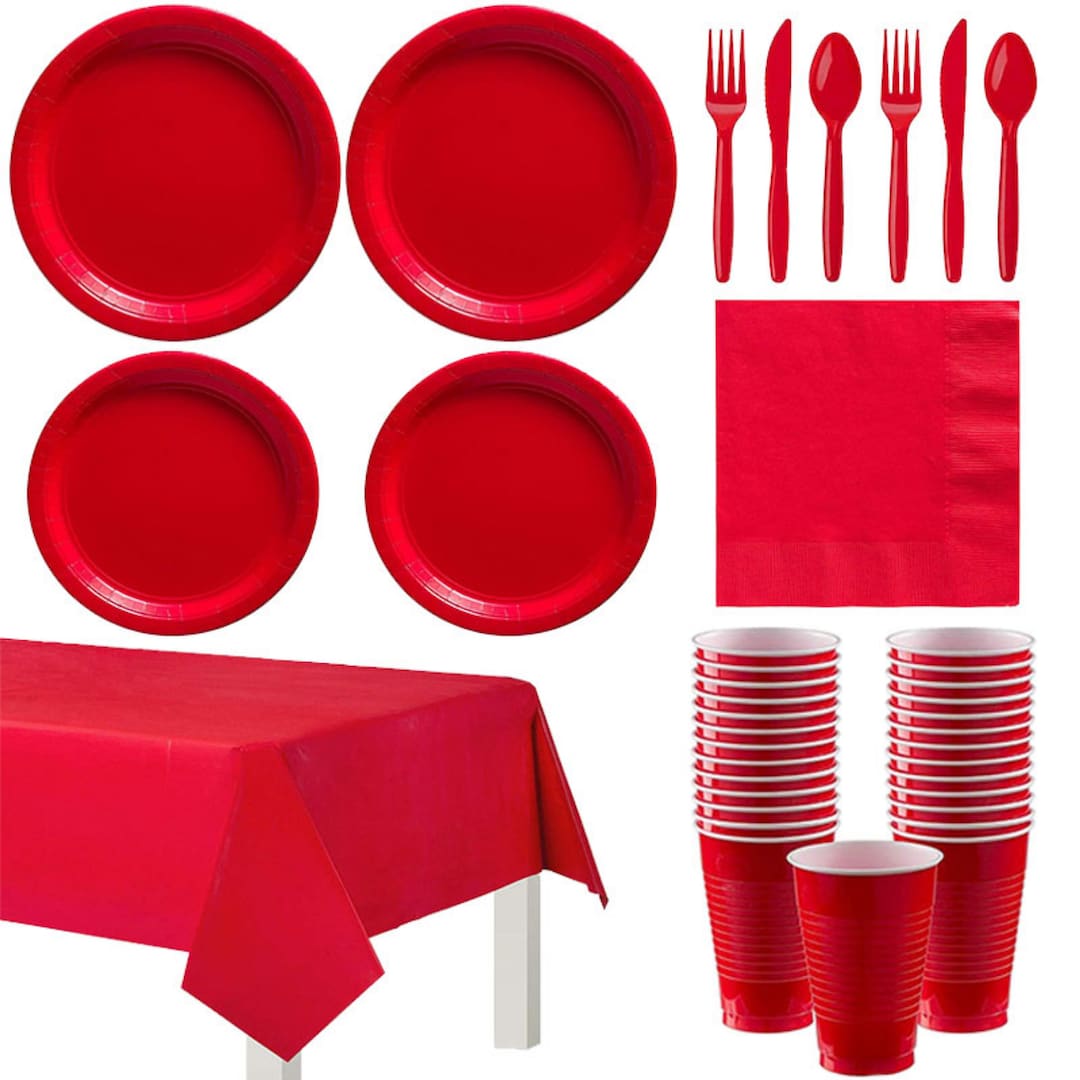 Red Plasticware Red Party Tableware Set Disposable Plastic Plates Cups Napkins Knife ...