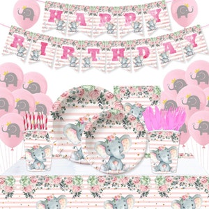 Cute Pink Elephant Animal Party Tableware Disposable Dinnerware Set It&#39;s A Boy 1st Happy Birthday Party Decor Kids Boy Safari Baby Shower
