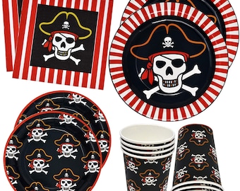 Vaisselle de fête de pirate Turban rouge, vaisselle jetable, fournitures d'anniversaire, décorations de crâne d'halloween, couverts en os pour adultes, adolescents et enfants