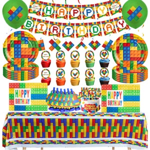 Building Block Party Tableware Disposable Dinnerware Colorful Plates Balloons Backdrop Birthday Baby Shower Toy Party Decorations Boys Kid’s